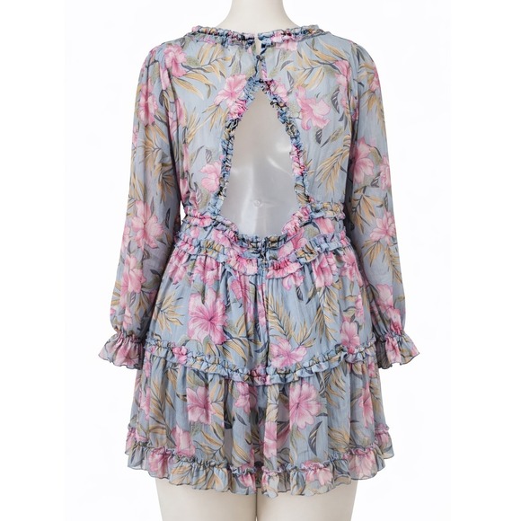 Mini Dress Fashion Nova Curve Tropical Floral Open Back Ruffle Blue Pink 1XL - Picture 3 of 4